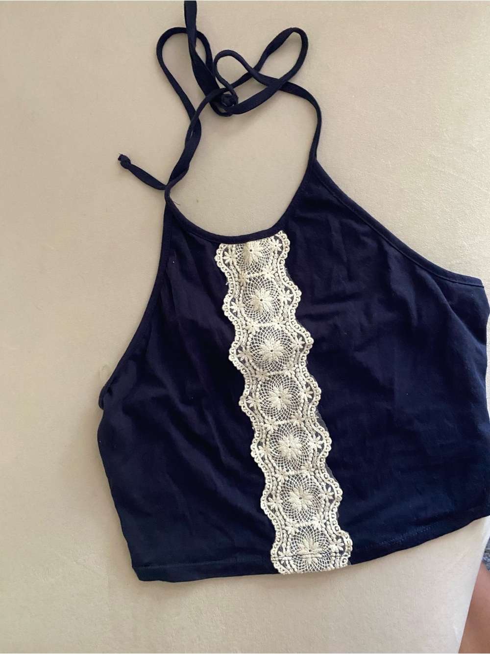 Women’s Navy Halter Crop Top with Ivory Lace Trim